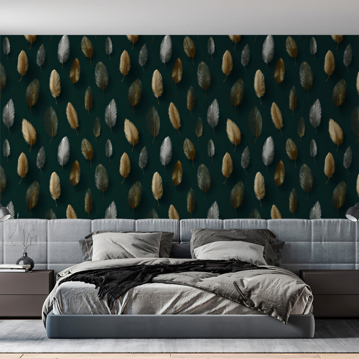 Modern Feather Pattern Mural Wallpaper | Gold & Silver Luxury