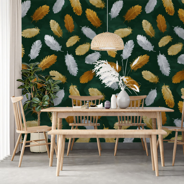 Modern Feather Pattern Mural Wallpaper | Gold & Silver Luxury