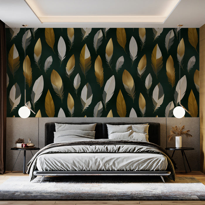 Modern Feather Pattern Mural Wallpaper | Gold & Silver Luxury