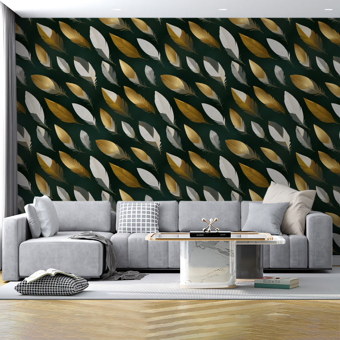 Modern Feather Pattern Mural Wallpaper | Gold & Silver Luxury