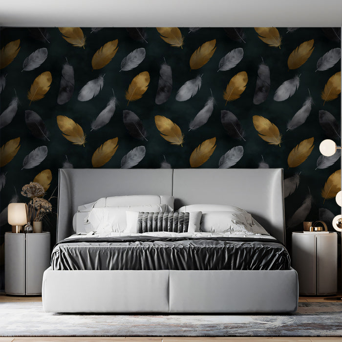 Modern Feather Pattern Mural Wallpaper | Gold & Silver Luxury