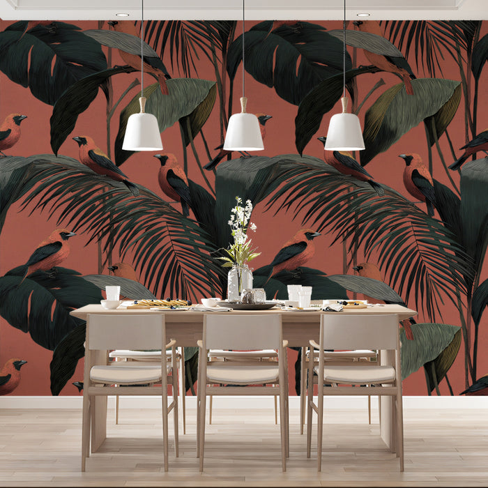 Classic Tropical Birds Mural Wallpaper | Warm Palm Tree Print