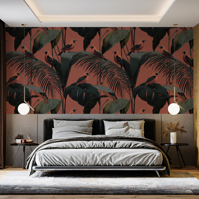 Classic Tropical Birds Mural Wallpaper | Warm Palm Tree Print