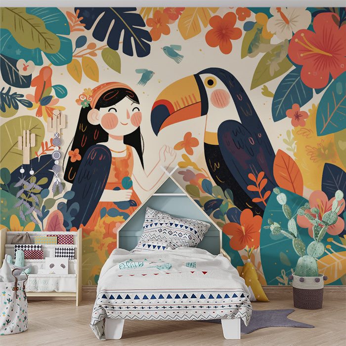 Girl and Toucan Mural Wallpaper in Child's Bedroom | Various Colors (Orange, Blue, Green, etc.) of Toucan