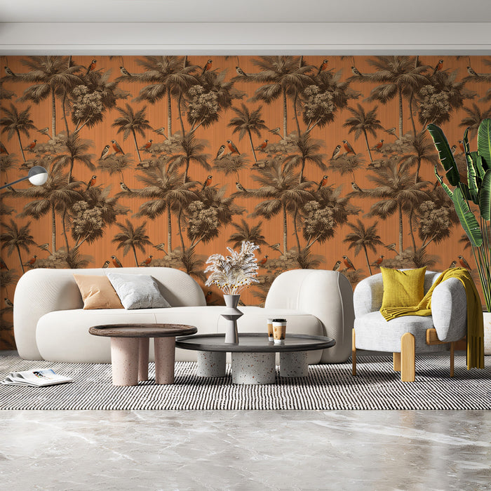 Classic Tropical Birds Mural Wallpaper | Warm Palm Tree Print