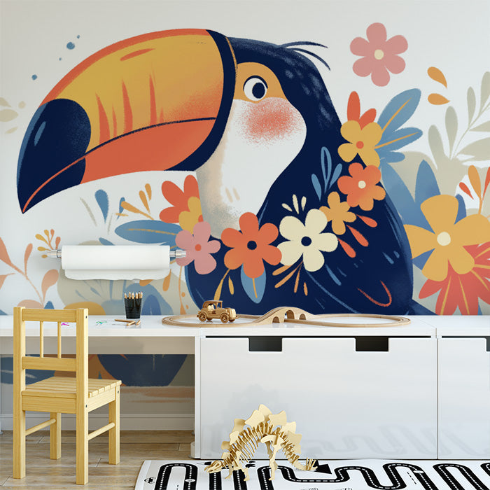 Toucan with Flower Necklace Mural Wallpaper in Child's Room | Various Colors (Blue, Orange, Yellow, etc.) of Toucan