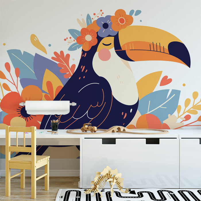 Toucan with Flower Necklace Mural Wallpaper in Child's Room | Various Colors (Blue, Orange, Yellow, etc.) of Toucan