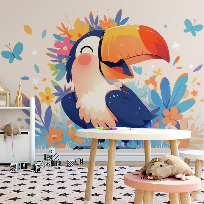 Toucan with Flower Necklace Mural Wallpaper in Child's Room | Various Colors (Blue, Orange, Yellow, etc.) of Toucan