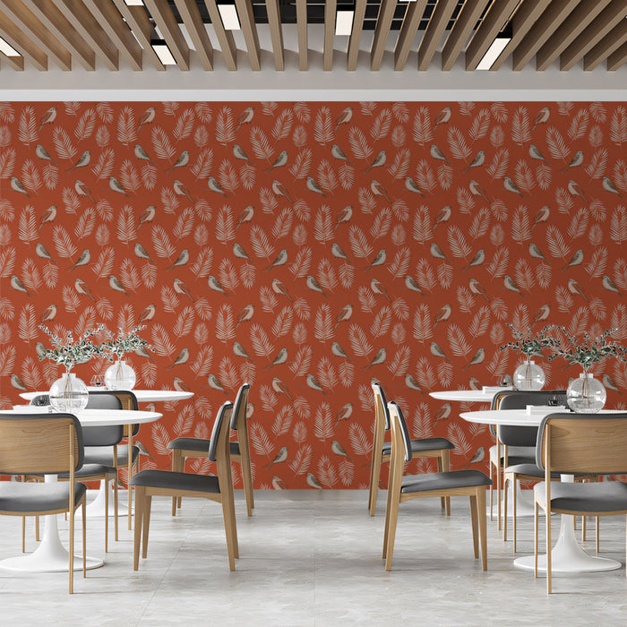 Classic Botanical Bird Mural Wallpaper | Small-Scale Terracotta Print