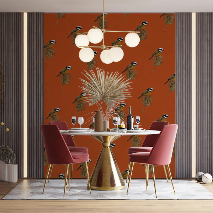 Classic Botanical Bird Mural Wallpaper | Small-Scale Orange Print