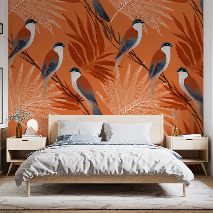 Classic Botanical Bird Mural Wallpaper | Terracotta & Gray Print
