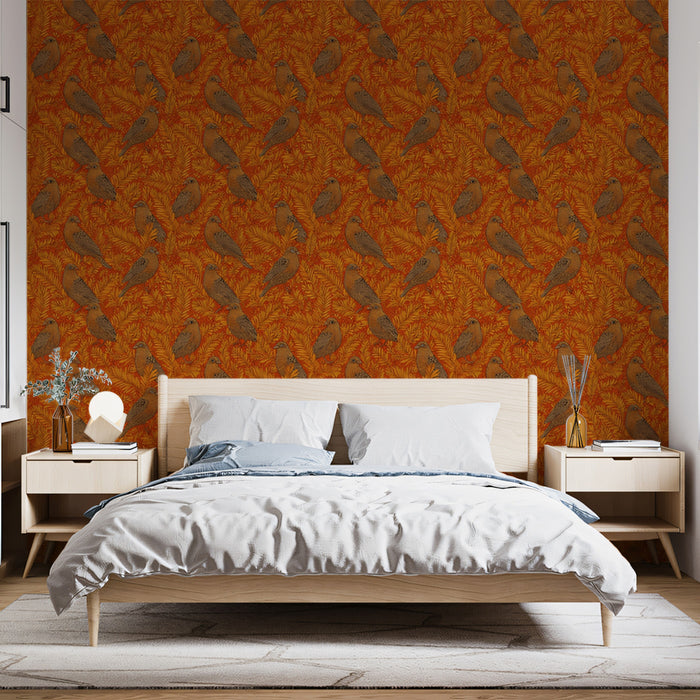 Vintage Botanical Bird Mural Wallpaper | Small-Scale Orange Print