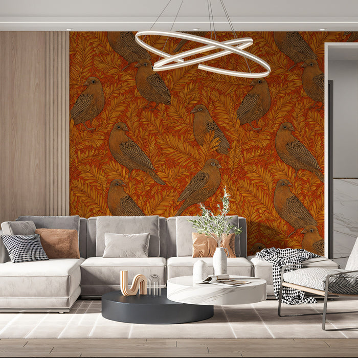 Vintage Botanical Bird Mural Wallpaper | Small-Scale Orange Print