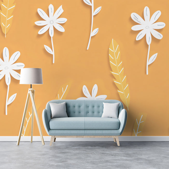 Modern Floral Mural Wallpaper | Graphic Orange & White Print