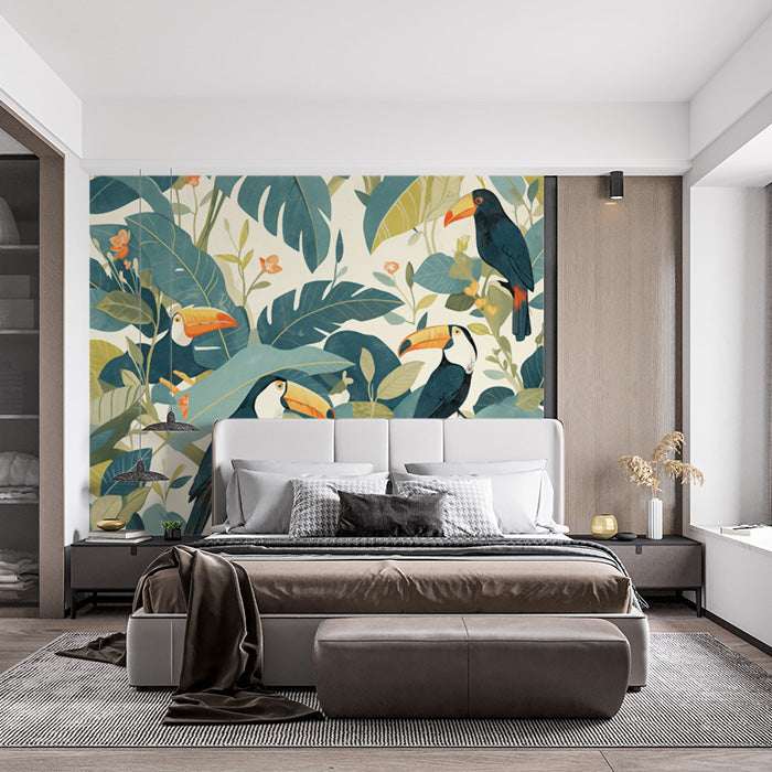 Multiple Toucans in Jungle Mural Wallpaper in Bedroom | Various Colors (Green, Blue, Orange, etc.) of Toucans