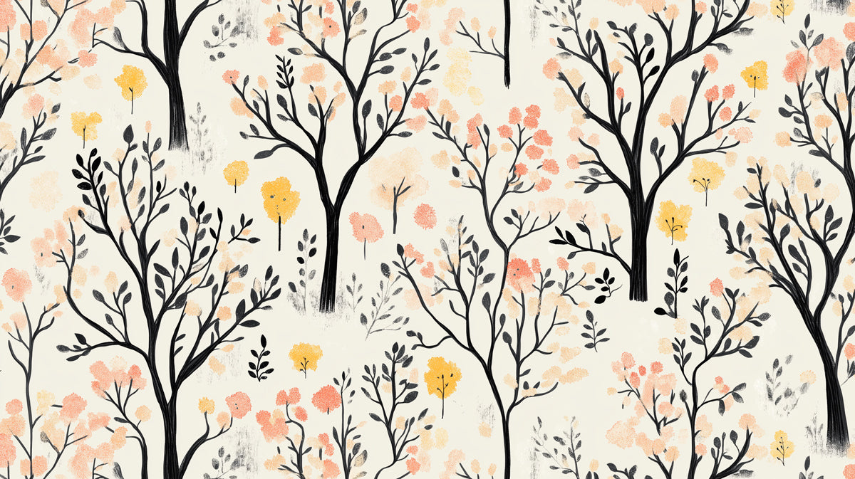 Carta da parati con foresta fantastica | Stampa artistica di alberi e fiori
