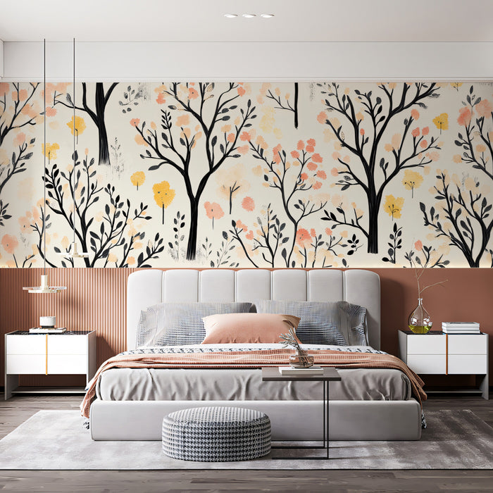 Carta da parati con foresta fantastica | Stampa artistica di alberi e fiori