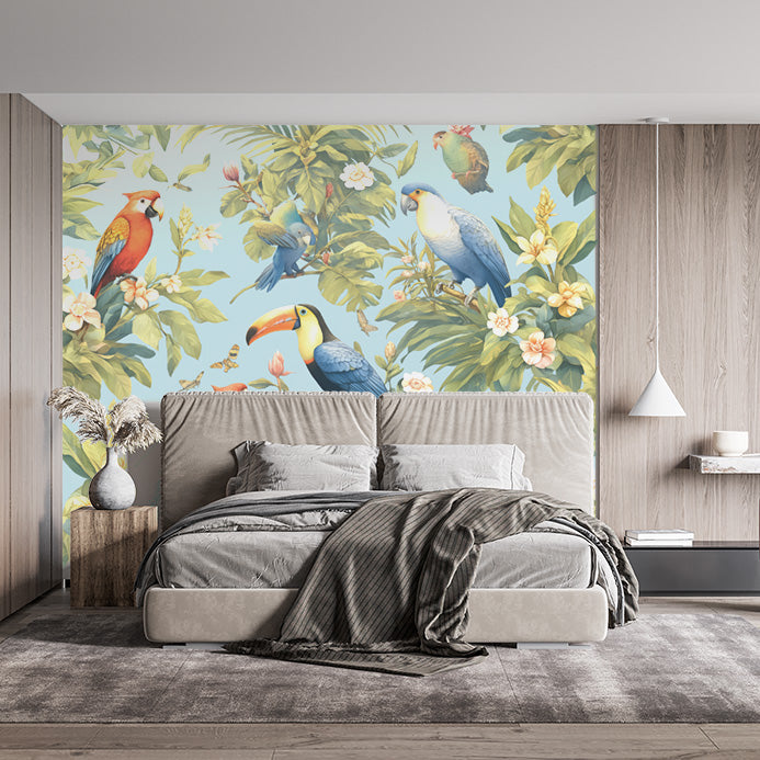 Papier peint mural perroquets tropicaux dans la chambre | Différentes couleurs (vert, bleu, jaune, etc.) de perroquets