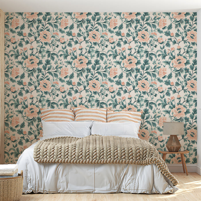 Classic Peony & Foliage Mural Wallpaper | Peach & Dusty Teal