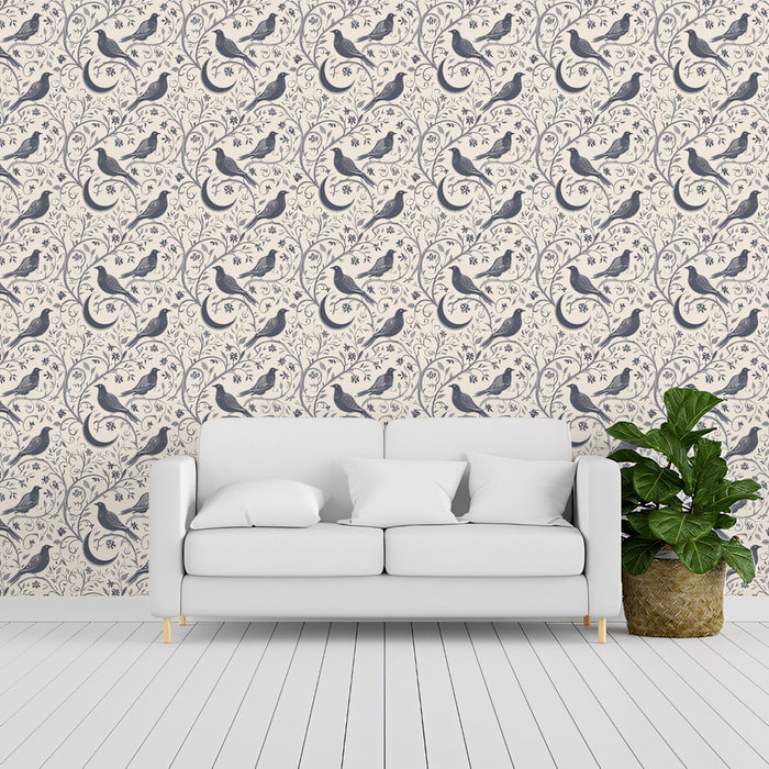 Mystical Bird & Crescent Moon Mural Wallpaper | Gray Tones