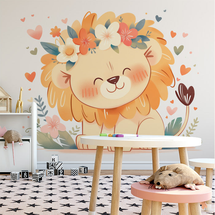 Cute Lion with Flower Crown Mural Wallpaper in Playroom | Various Colors (Orange, Pink, Green, etc.) Lion