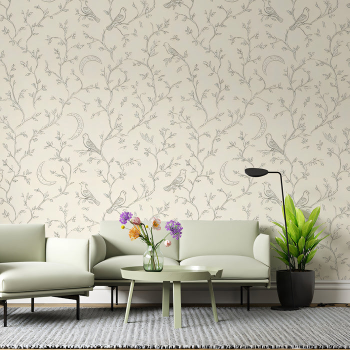 Mystical Bird & Crescent Moon Mural Wallpaper | Gray Tones