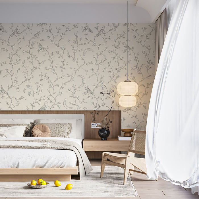 Carta da parati con uccello mistico e luna crescente | Tonalità di grigio