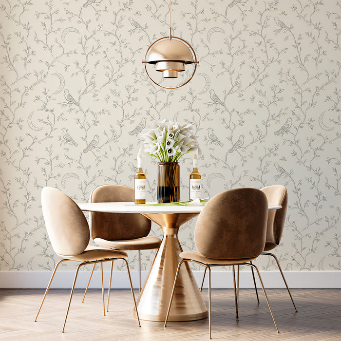 Delicate Branch & Bird Mural Wallpaper | Classic Gray & Cream