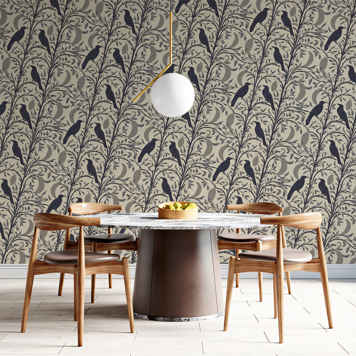 Dramatic Folkloric Mural Wallpaper | Dark Bird on Patterned Background
