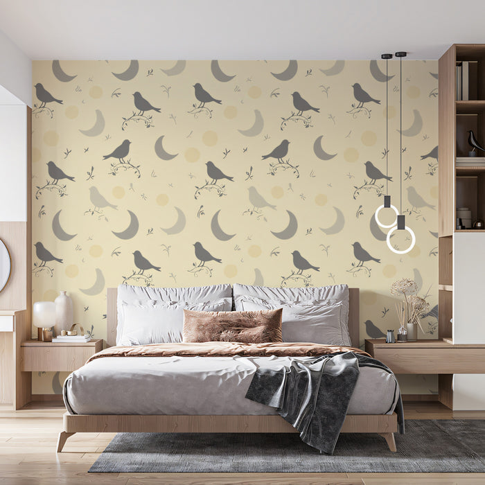Graphic Bird & Moon Mural Wallpaper | Gray & Pale Yellow
