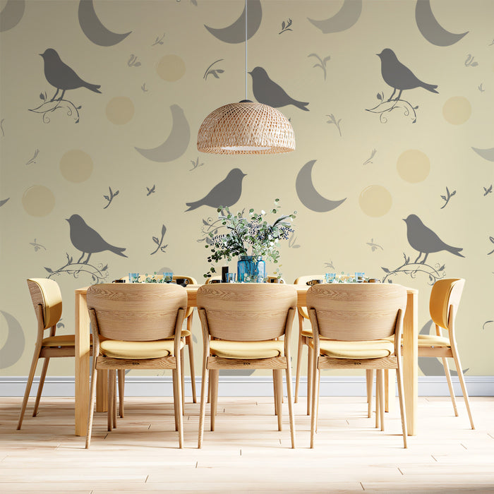 Stylized Bird & Crescent Mural Wallpaper | Serene Gray & Cream