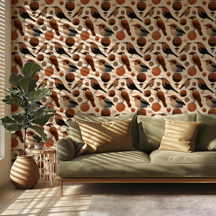 Dense Folk Bird Pattern Mural Wallpaper | Earthy & Abstract