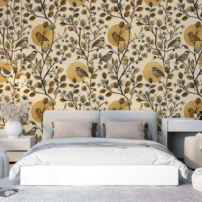 Classic Botanical Bird Mural Wallpaper | Autumnal Tones