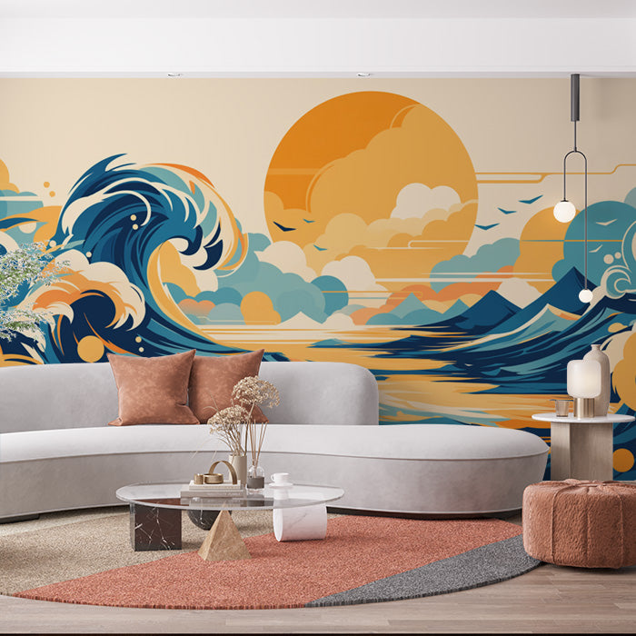Retro Ocean Sunset Mural Wallpaper in Living Room | Various Colors (Orange, Blue, Beige, etc.) of Ocean Sunset