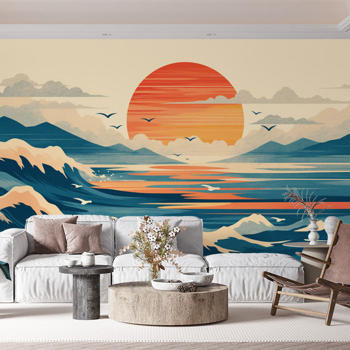 Retro Ocean Sunset Mural Wallpaper in Living Room | Various Colors (Orange, Blue, Beige, etc.) of Ocean Sunset