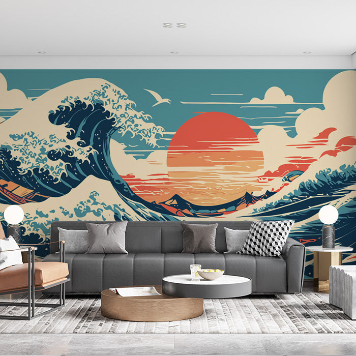 Retro Ocean Sunset Mural Wallpaper in Living Room | Various Colors (Orange, Blue, Beige, etc.) of Ocean Sunset