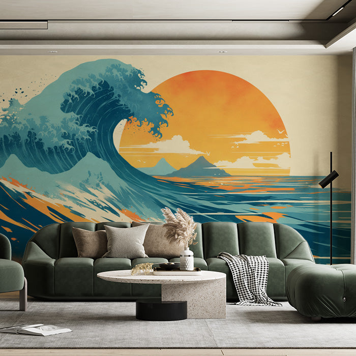 Retro Ocean Sunset Mural Wallpaper in Living Room | Various Colors (Orange, Blue, Beige, etc.) of Ocean Sunset