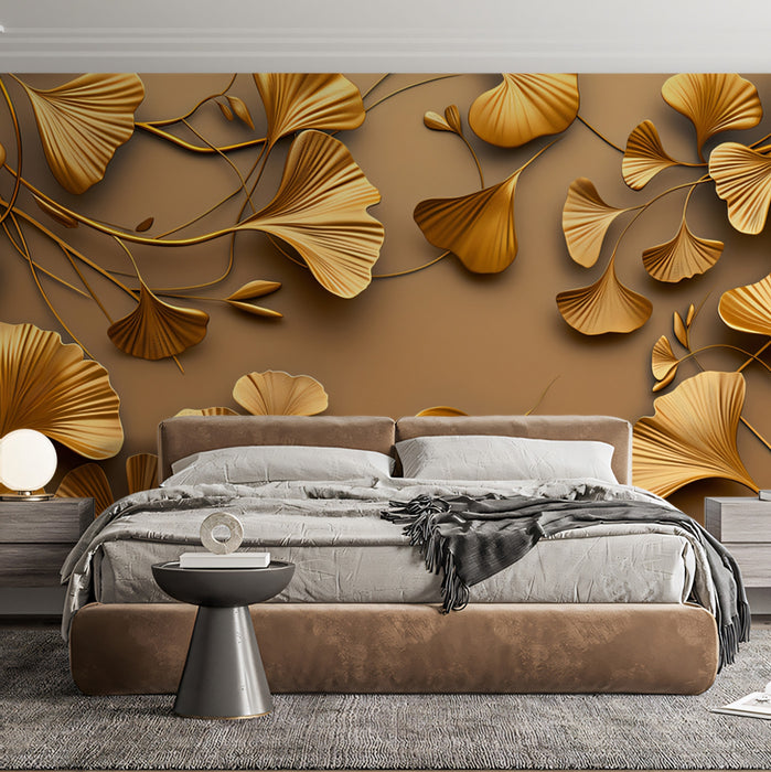 Sculptural Ginkgo Mural Wallpaper | Tan & Burnished Gold