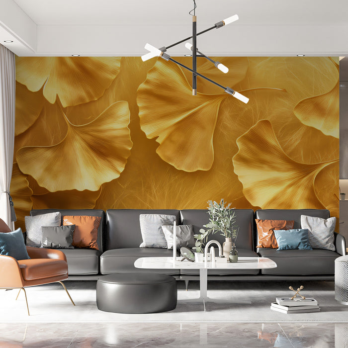 Gilded Ginkgo Close-Up Mural Wallpaper | Luxurious & Detailed