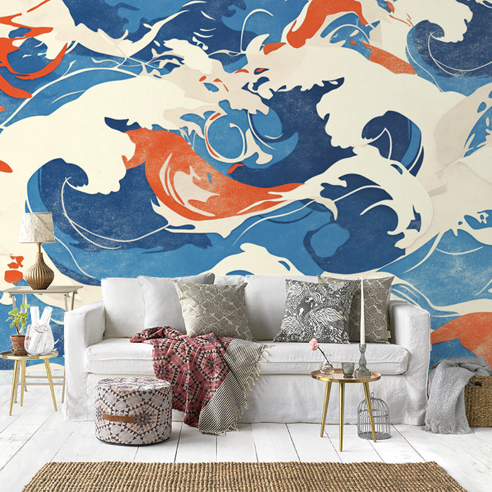 Blue and Orange Wave Mural Wallpaper in Living Room | Various Colors (Blue, Orange, White, etc.) of Wave