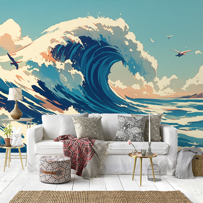 The Great Wave off Kanagawa Inspired Mural Wallpaper in Living Room | Blue, White, and Beige Great Wave