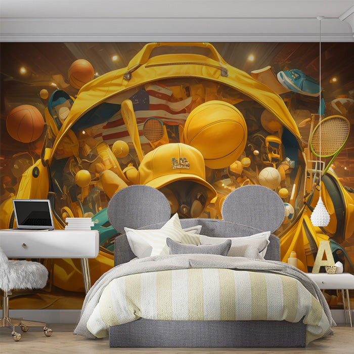 Sports Equipment Mural Wallpaper in Bedroom | Various Colors (Yellow, Brown, Orange, etc.) of Sports