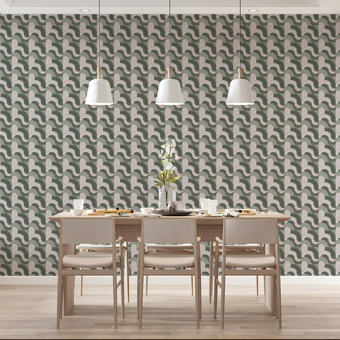 Interlocking Crescent Pattern Mural Wallpaper | Gray & Blush