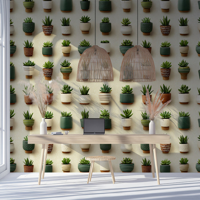 Papel tapiz mural de suculentas en macetas variadas | Jardín urbano