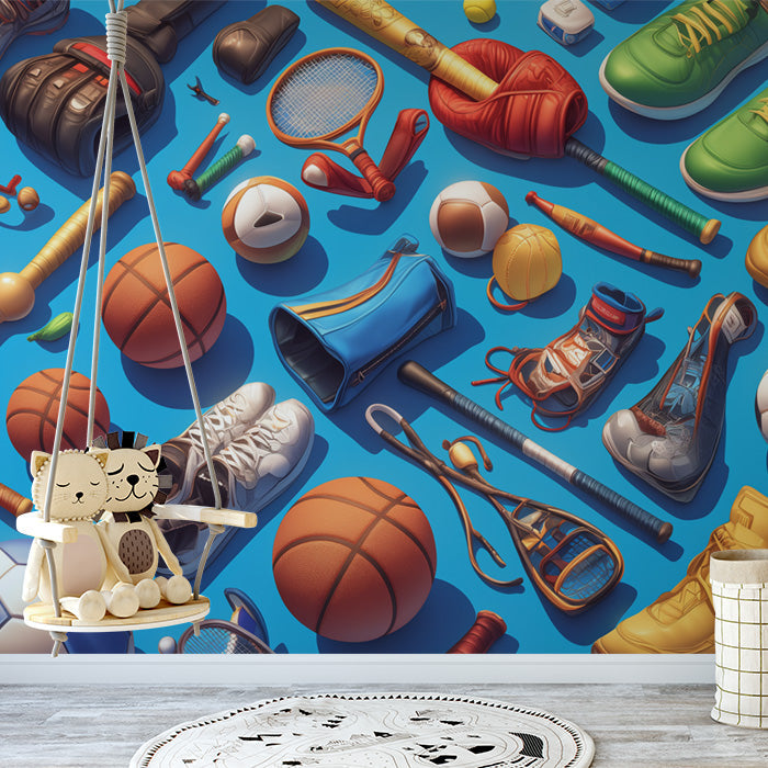 Sports Balls Mural Wallpaper in Bedroom | Various Colors (Blue, Orange, Green, etc.) of Sports Balls