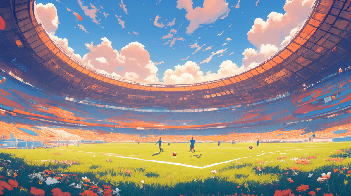 Stadium Mural Wallpaper in Playroom | Blue, Orange, and Various Colors of Stadium