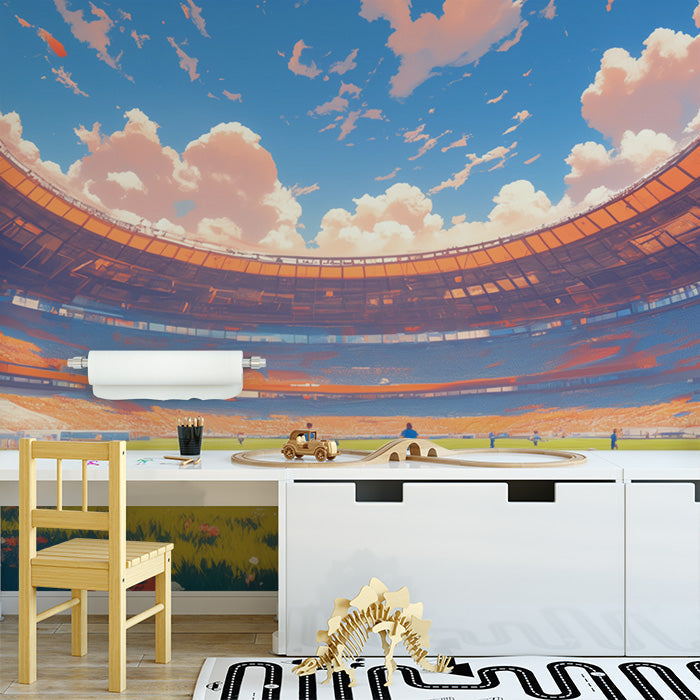 Stadium Mural Wallpaper in Playroom | Blue, Orange, and Various Colors of Stadium