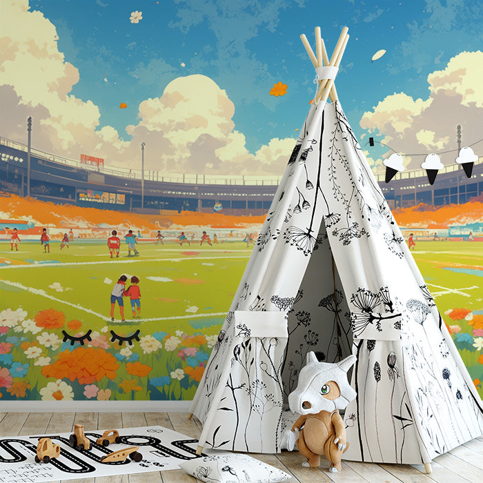 Stadium Mural Wallpaper in Playroom | Blue, Orange, and Various Colors of Stadium