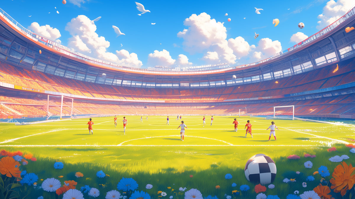 Stadium Mural Wallpaper in Playroom | Blue, Orange, and Various Colors of Stadium