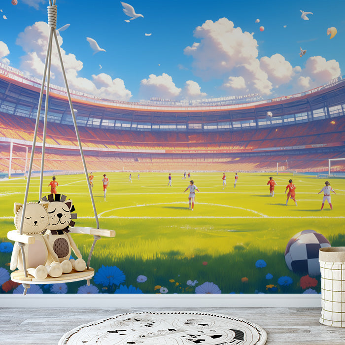Stadium Mural Wallpaper in Playroom | Blue, Orange, and Various Colors of Stadium